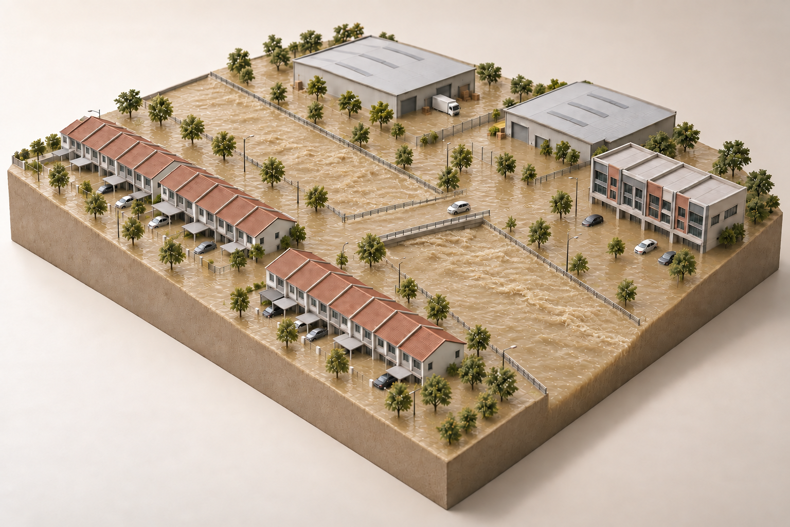 The same illustrative township with muddy brown floodwater at channel capacity and covering low roads and building access areas
