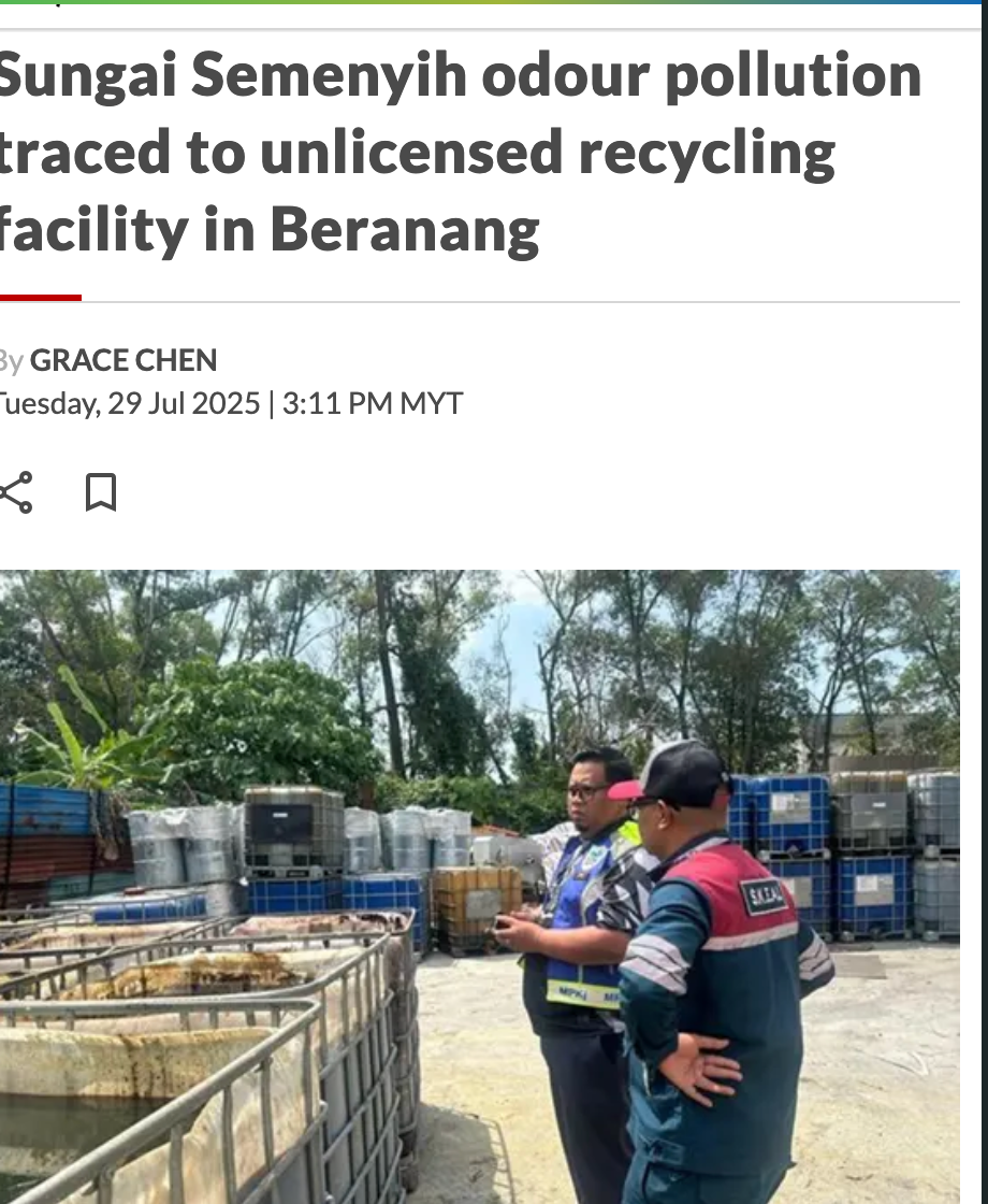 The Star report: Sungai Semenyih odour pollution traced to an unlicensed recycling facility
